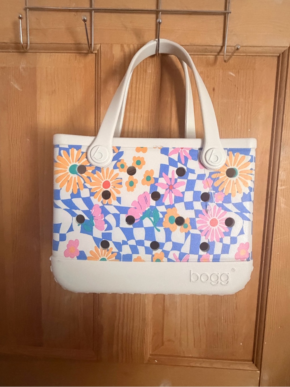 BOGG BAG White Floral & Blue Checker Tote